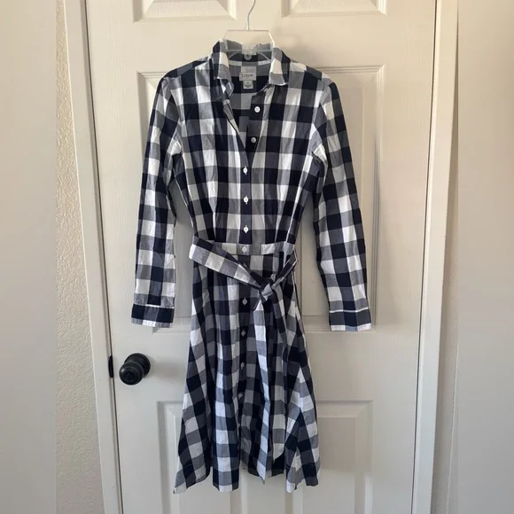 J. Crew Navy and White Gingham Dress with Belt 00 - Picture 2 of 8